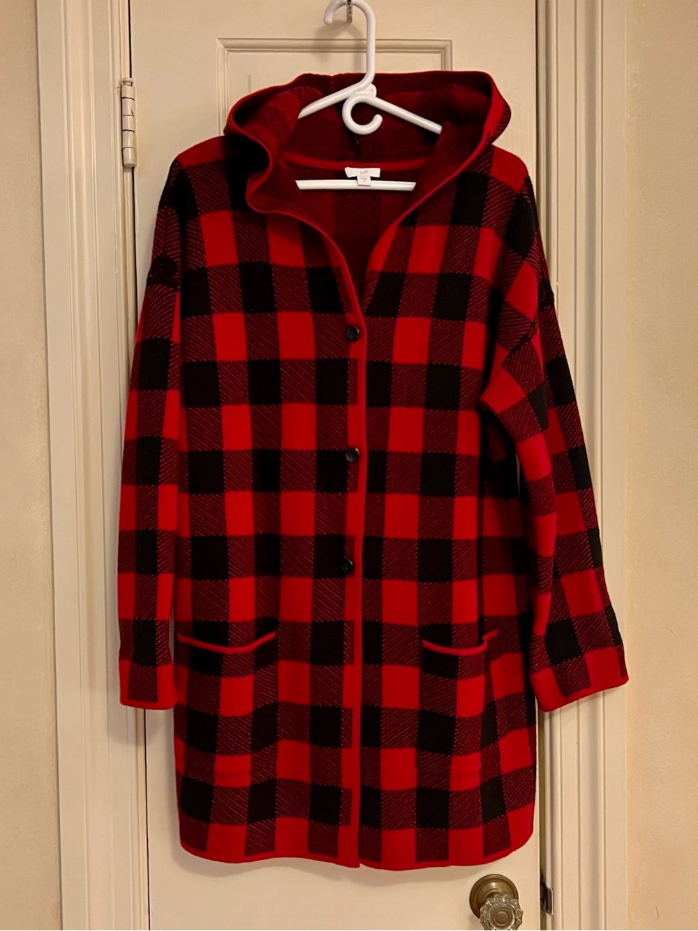 J. Jill Red & Black Buffalo Plaid Hooded Coat - Women